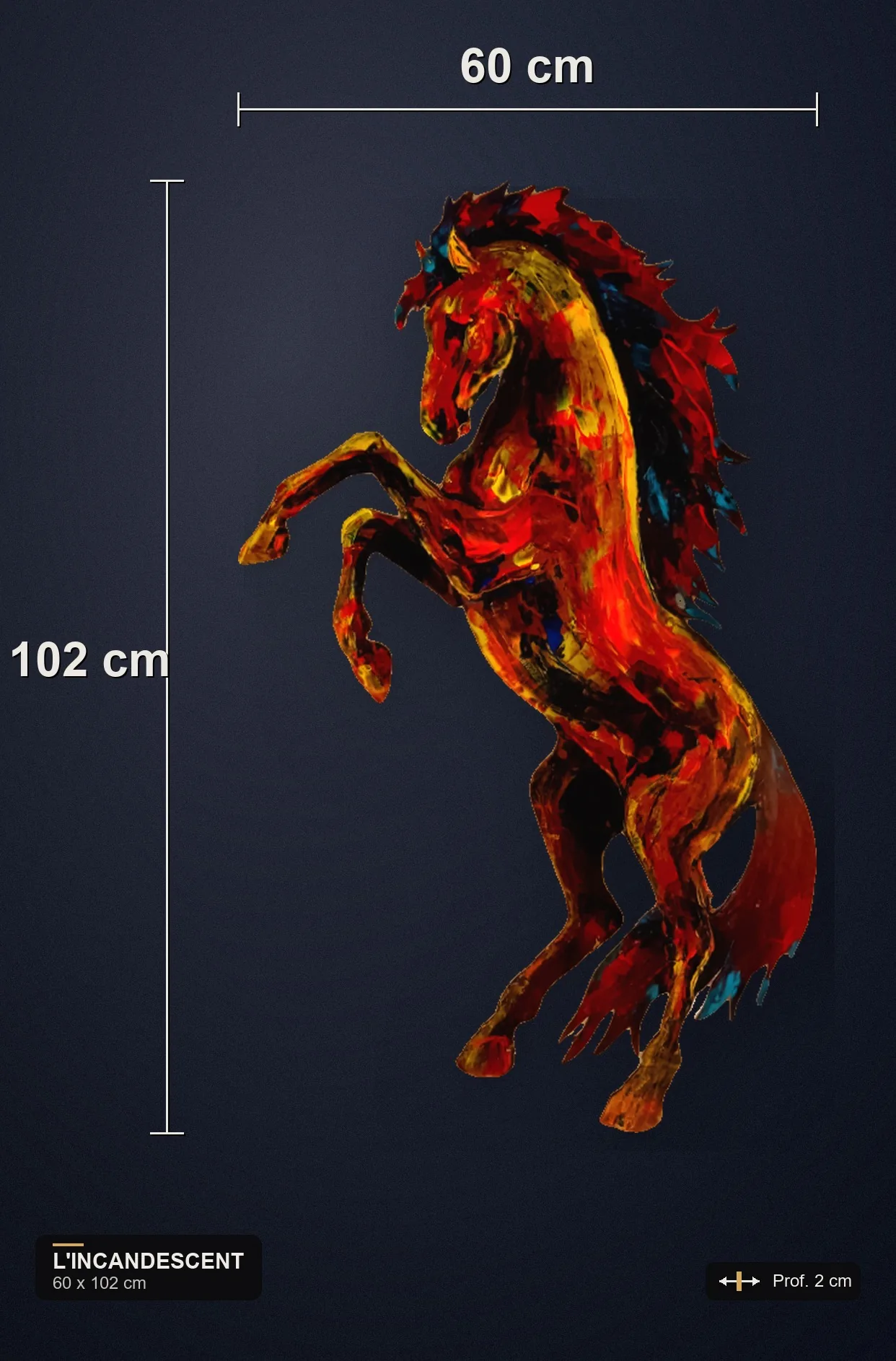 Dimensions de L'Incandescent : 60 x 102 cm, relief mural