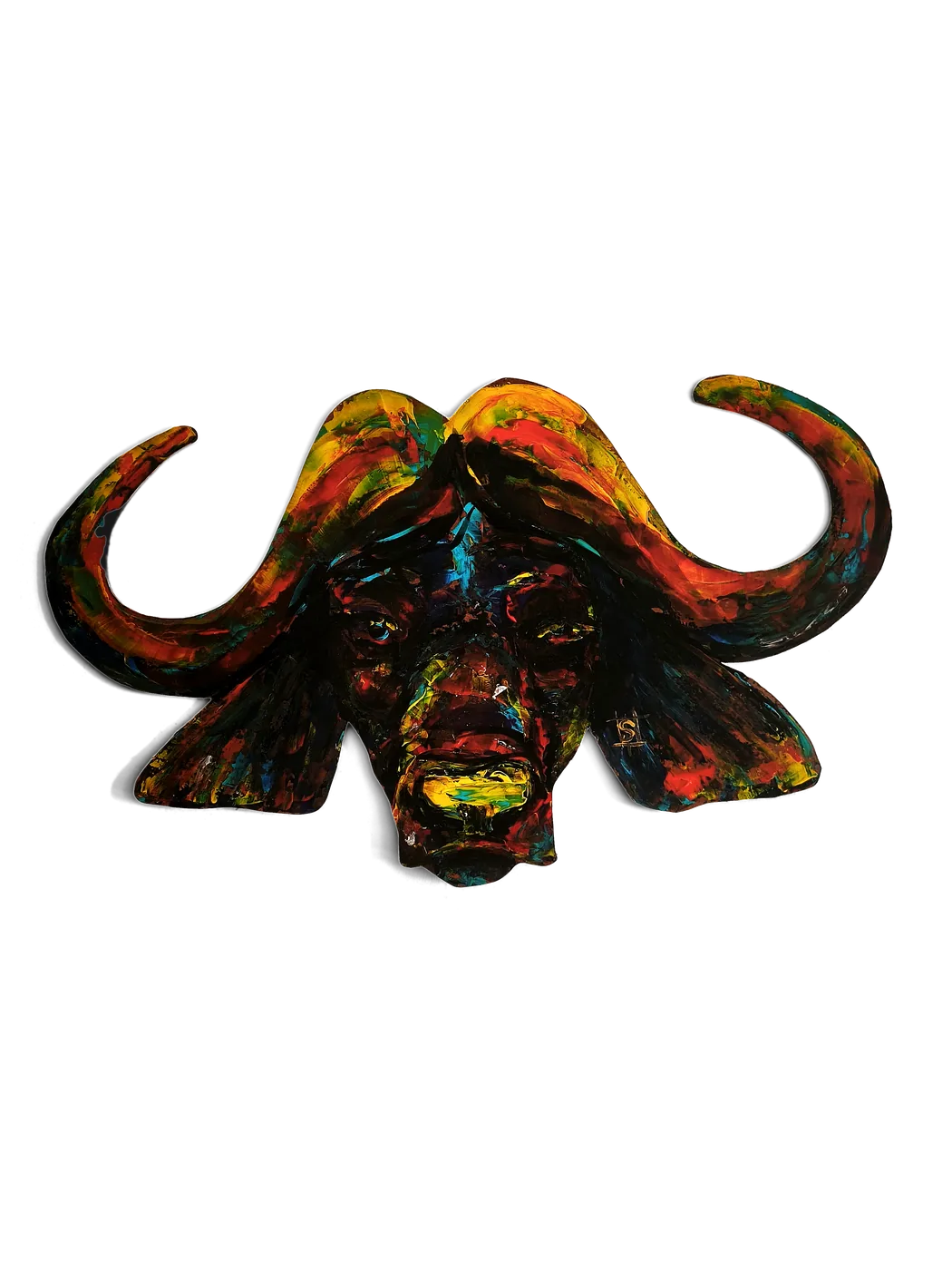 Tête de buffle découpée aux teintes d'or, rouge et turquoise, acrylique au couteau, relief mural, pièce unique signée Camille