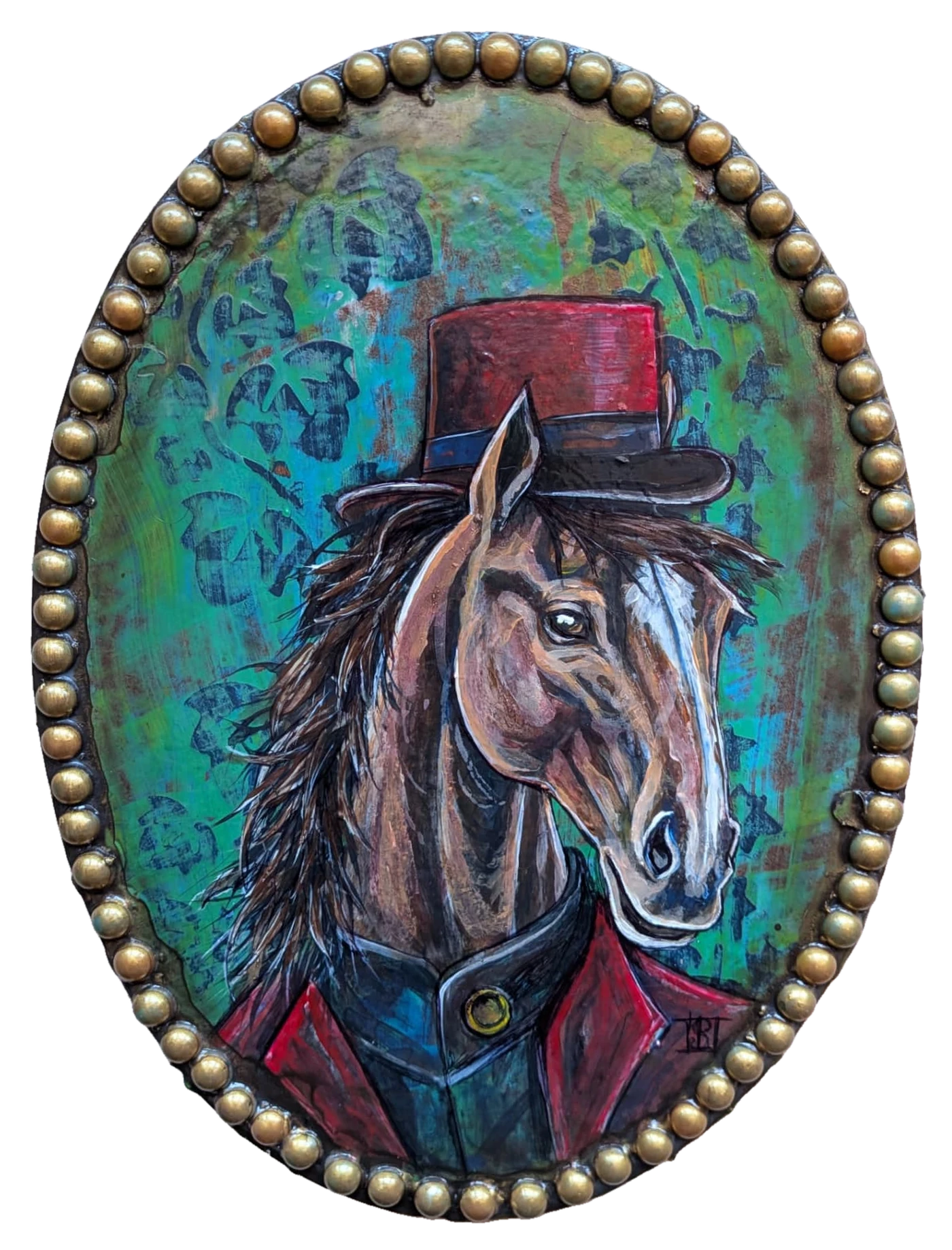L'Écuyer, portrait d'un cheval bai à liste blanche et crinière brune, haut-de-forme rouge, veste rouge à col bleu et bouton doré, fond vert turquoise à feuillages en relief, ovale cerclé de clous dorés, peint à la main sur panneau, pièce unique signée Camille