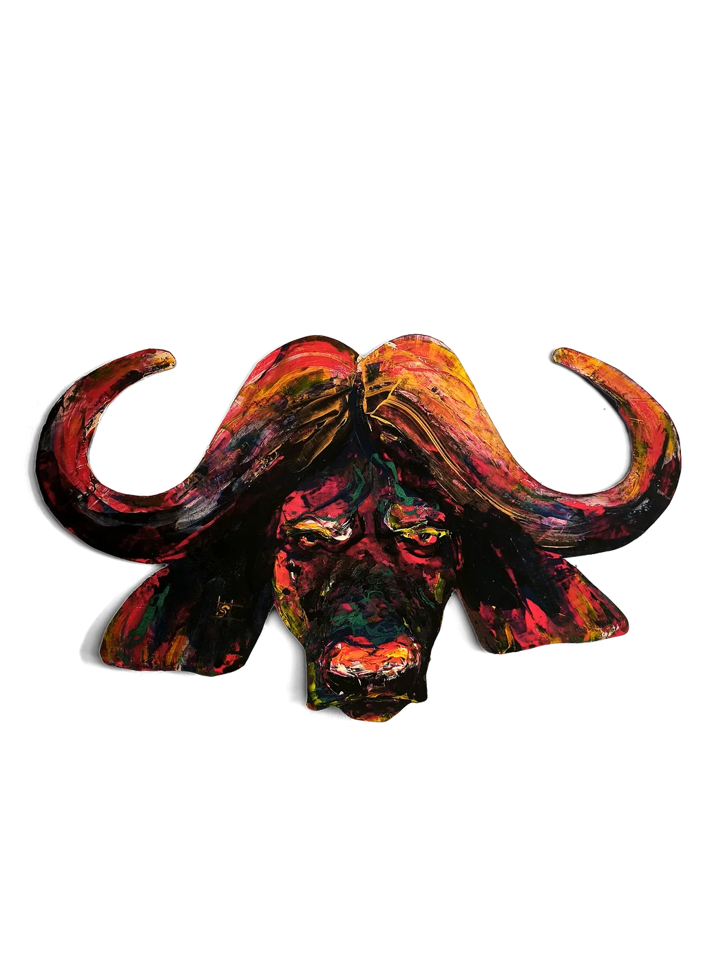 Tête de buffle découpée en rouges, magentas et pourpres, acrylique au couteau, relief mural, pièce unique signée Camille