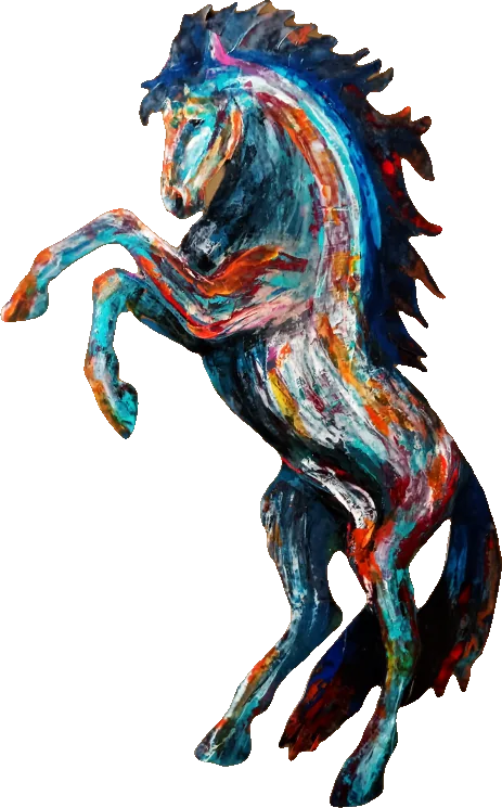 Peinture cheval cabré au crépuscule, acrylique au couteau, tons chauds ambres et pourpres, pièce unique signée Camille