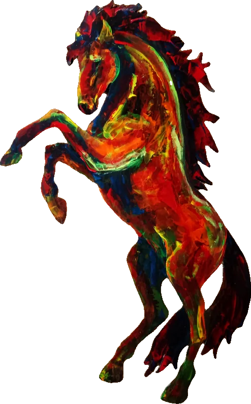 Peinture acrylique au couteau représentant un cheval cabré surgissant des flammes, couleurs de feu, pièce unique signée Camille