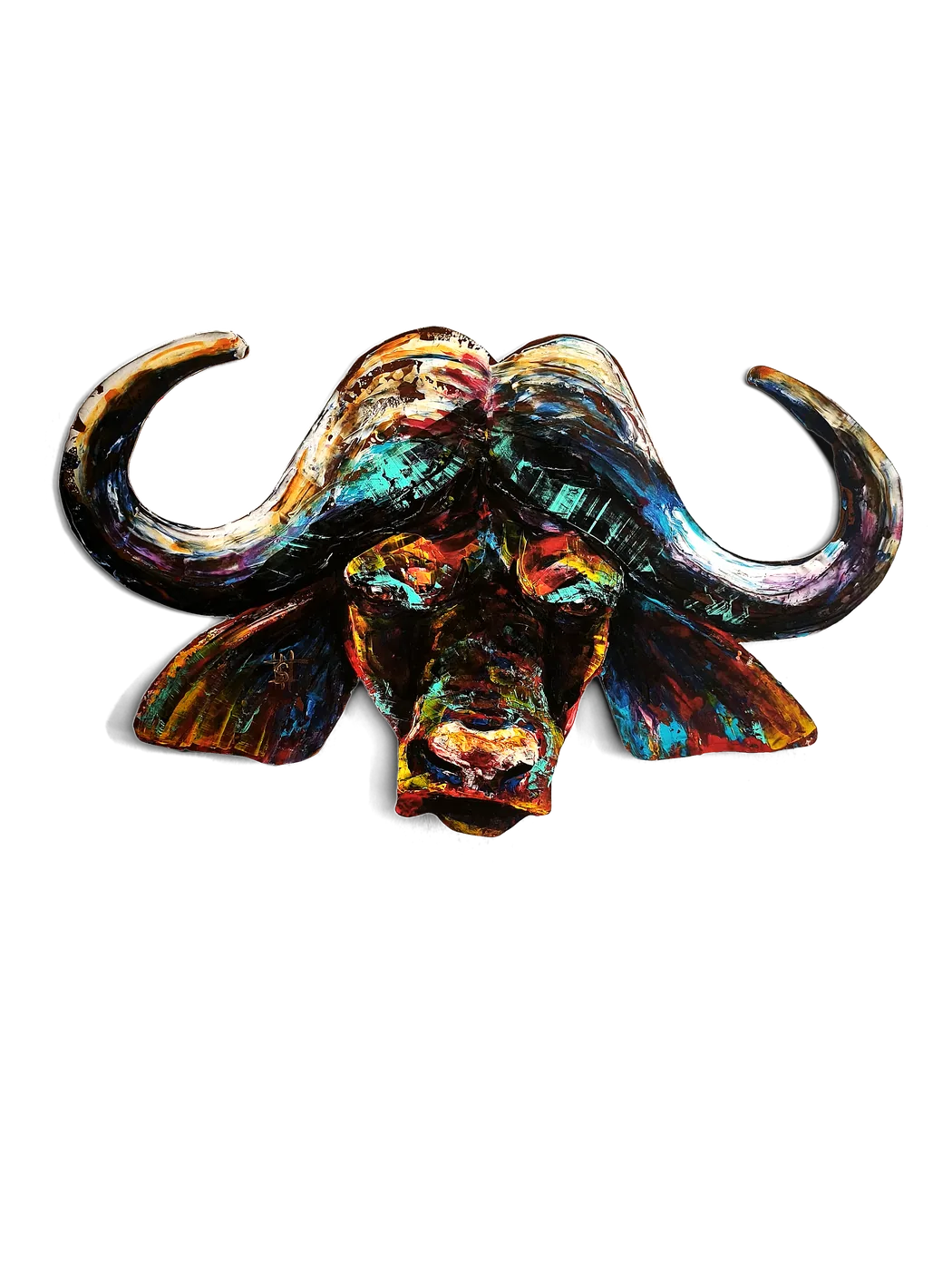 Tête de buffle découpée en turquoise, cyan et violet, acrylique au couteau, relief mural, pièce unique signée Camille