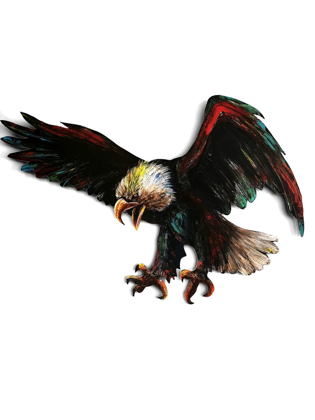 Panneau Isorel découpé à la silhouette d'un aigle ailes déployées, tête blanc crème, acrylique au couteau, relief mural, pièce unique signée Camille