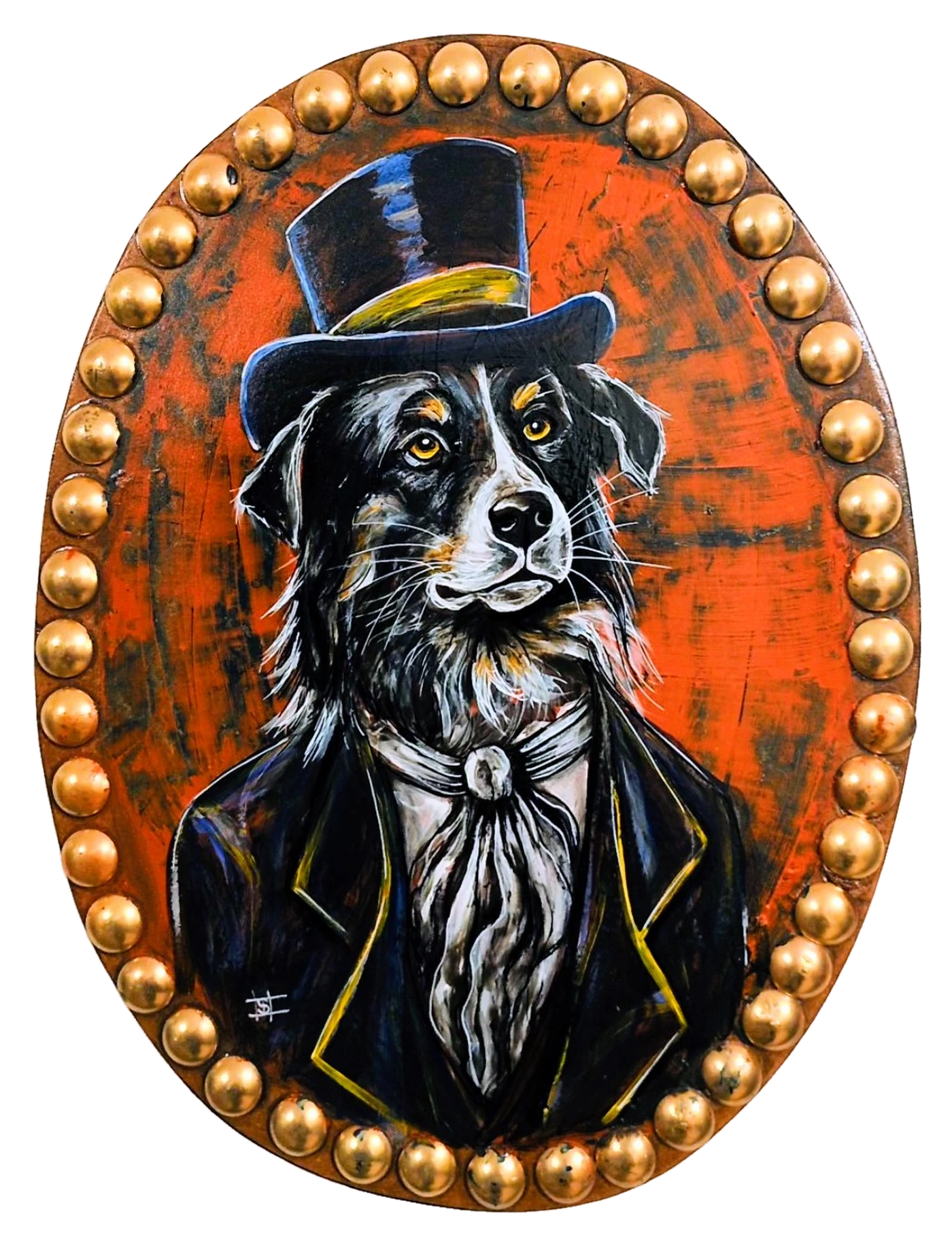 Le Vicomte, portrait of a tricolour dog in a black top hat with a yellow ribbon, black frock coat with yellow piping and white cravat with a brooch, rust orange ground, oval ringed with golden studs, hand painted on a panel, one of a kind piece signed Camille