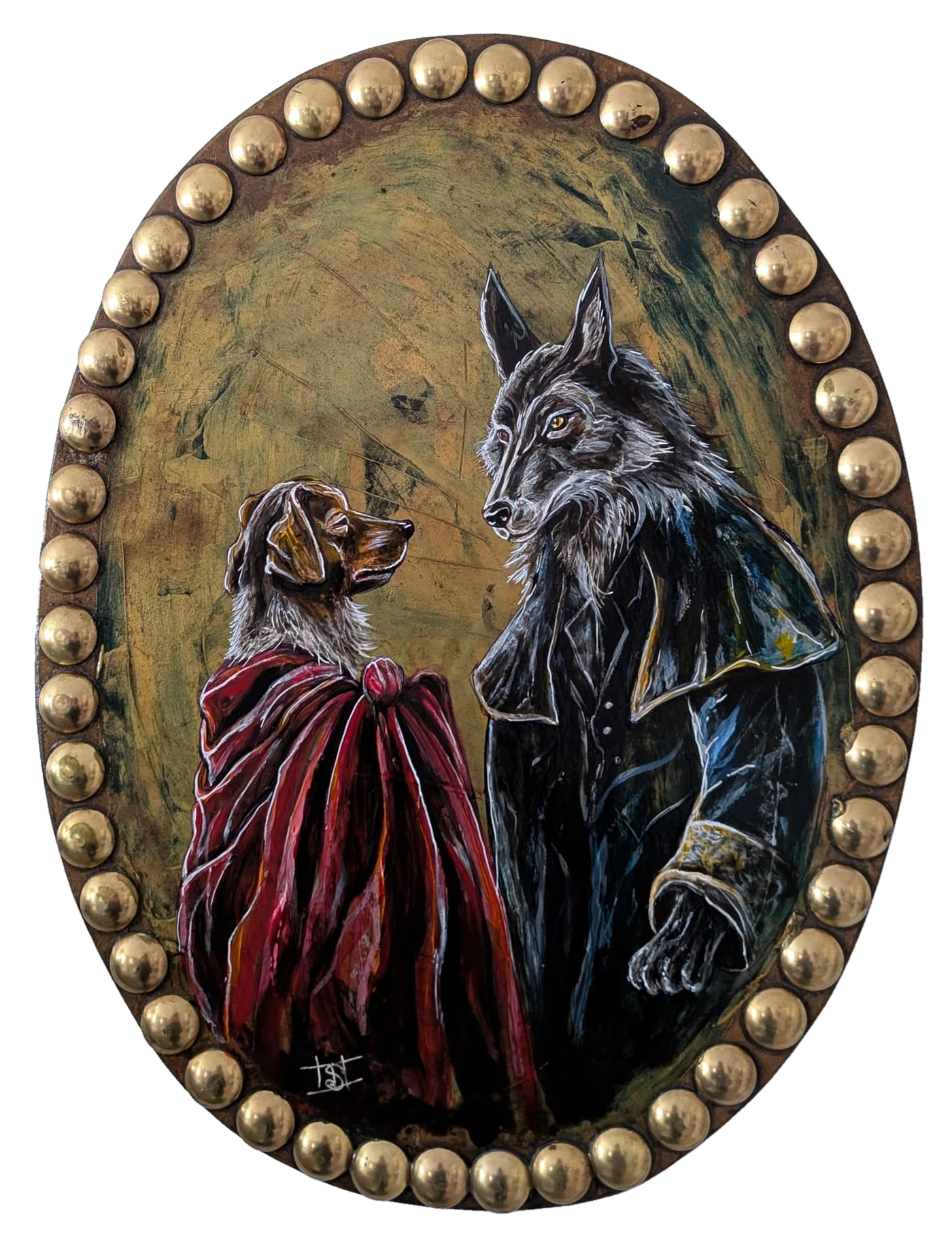 Les Confidents, retrato de un perro pardo de orejas caídas con capa burdeos y de un lobo gris erguido con levita negra y pelerina, fondo verde oro, óvalo con tachuelas doradas, pintado a mano sobre panel, pieza única firmada Camille